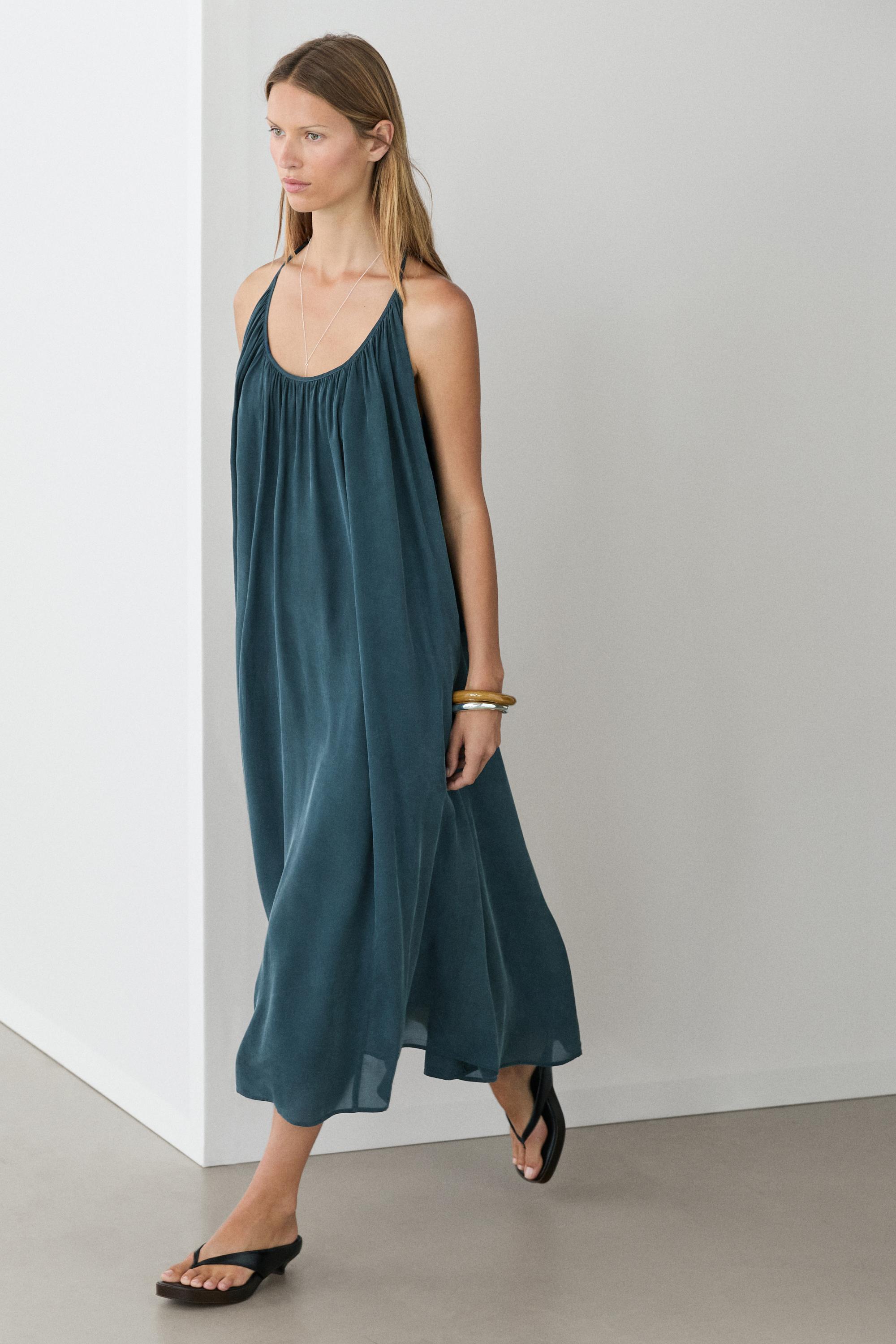 Midi dress with gathered neckline